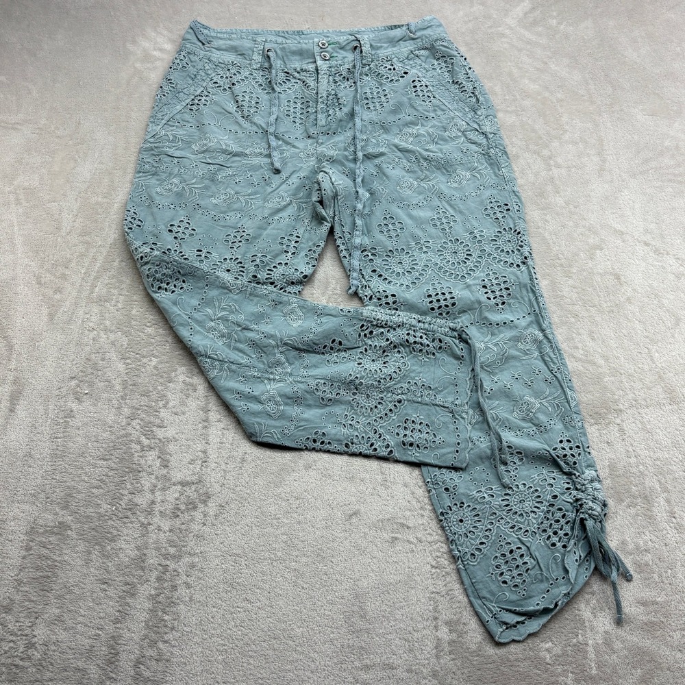Sundance Eyelet Embroidered Pants Women 6 Blue Floral Cinch Hem Boho Shabby Chic